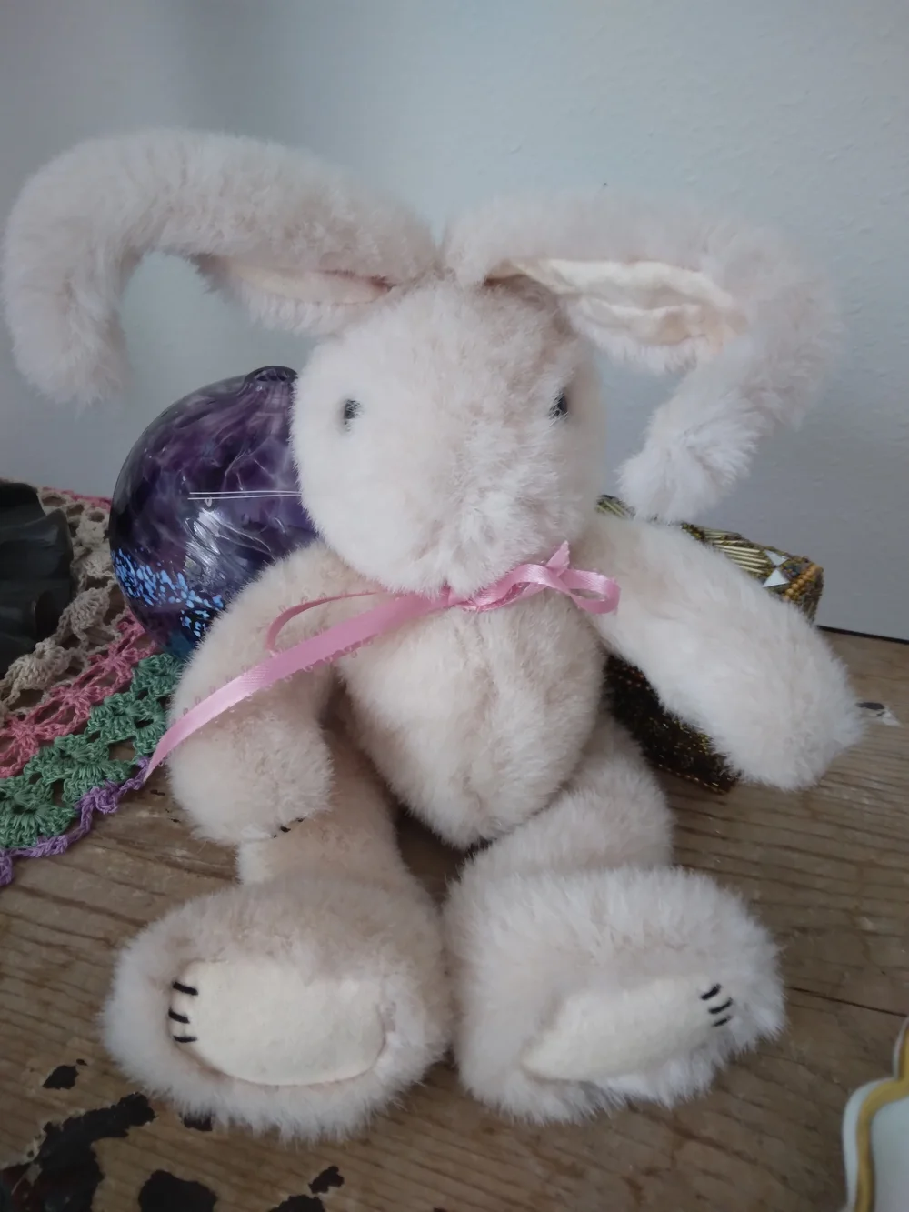 Vintage Plush Bunny in Cream with Pink Ribbon For Crafting and Decor